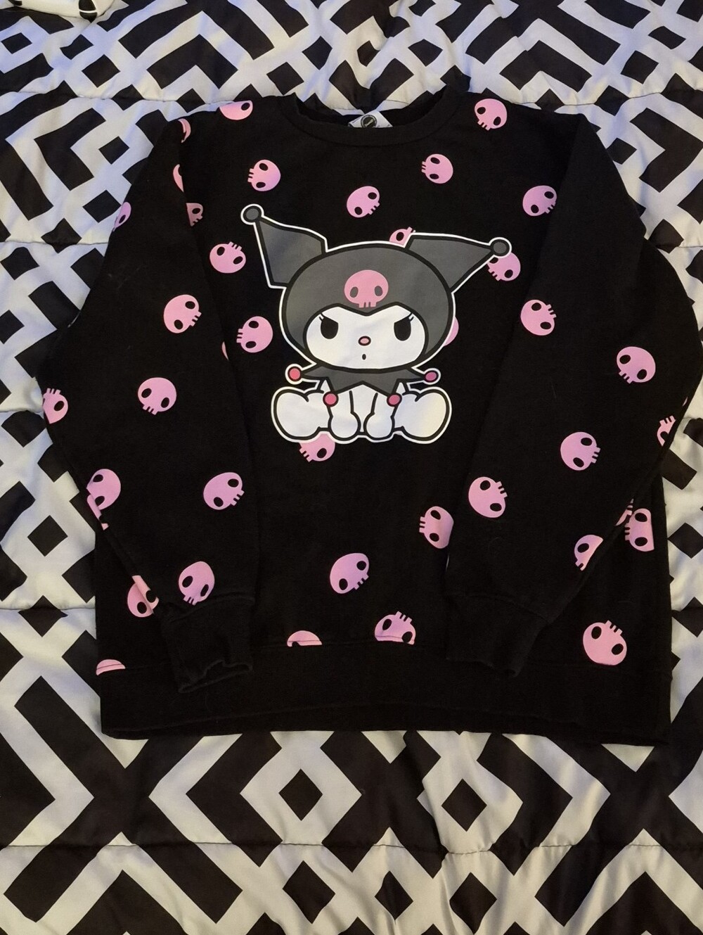 Kuromi Graphic Crewneck Sweater - Black with Pink Skull Accent